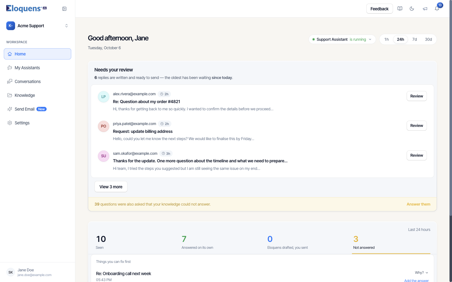 The Home page with replies waiting for review and the day's figures