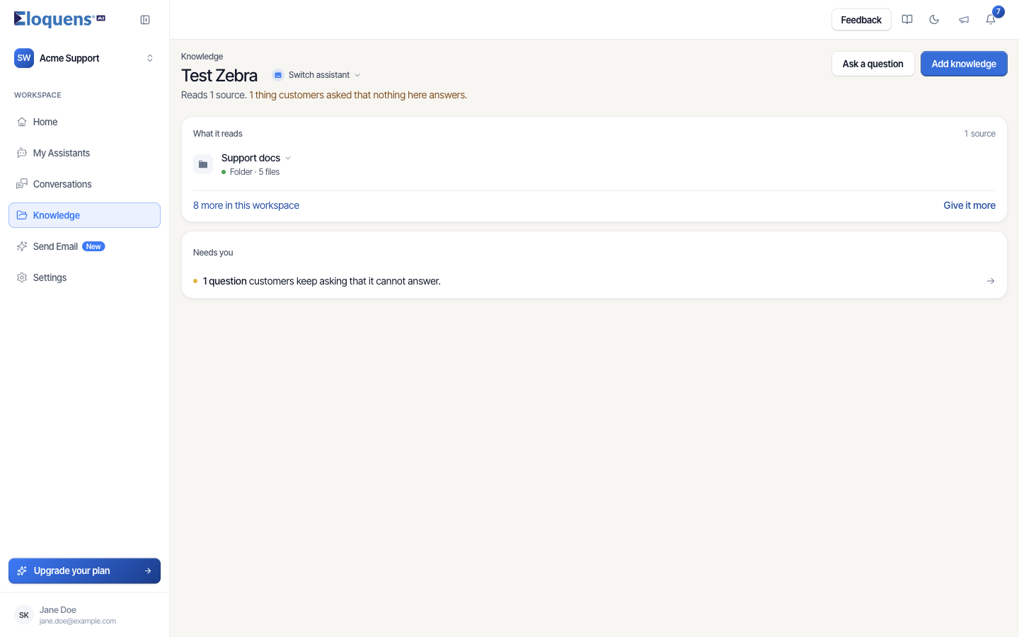 The Knowledge page for one assistant, with the What it reads card and the Needs you card