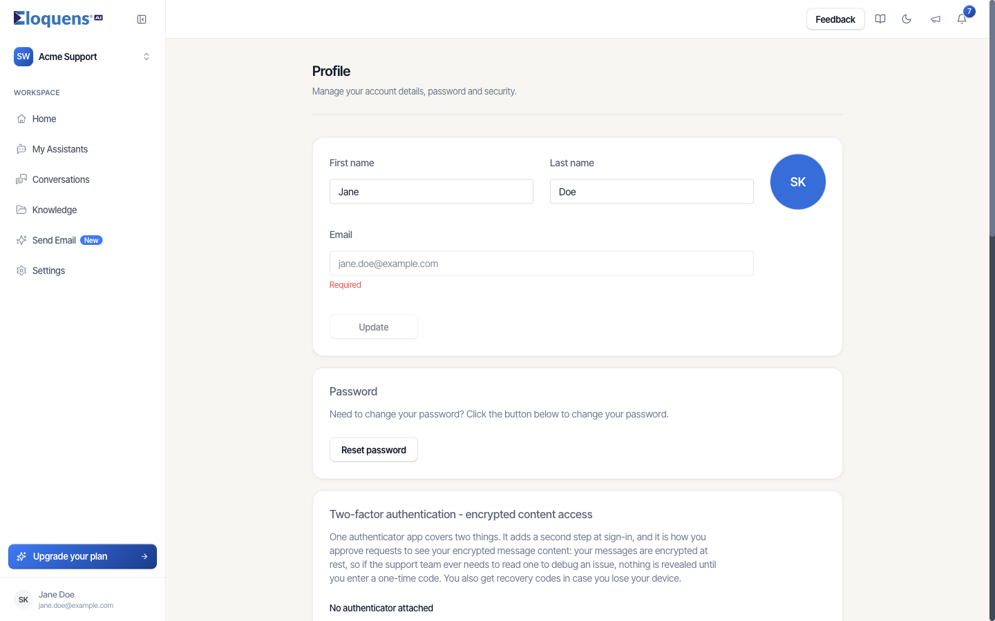 Profile page with the details, Password and Two-factor authentication cards