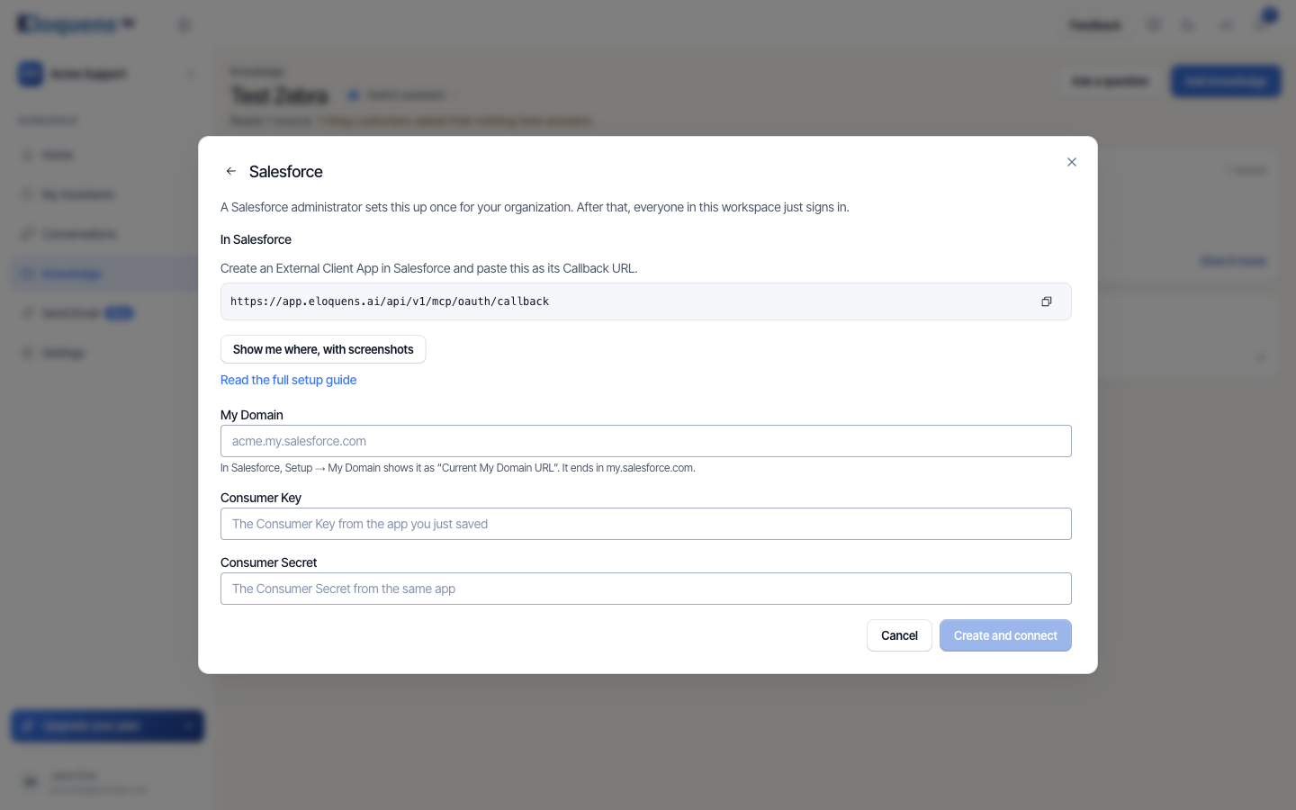 The Salesforce guided setup panel with the callback address and the My Domain, Consumer Key and Consumer Secret fields