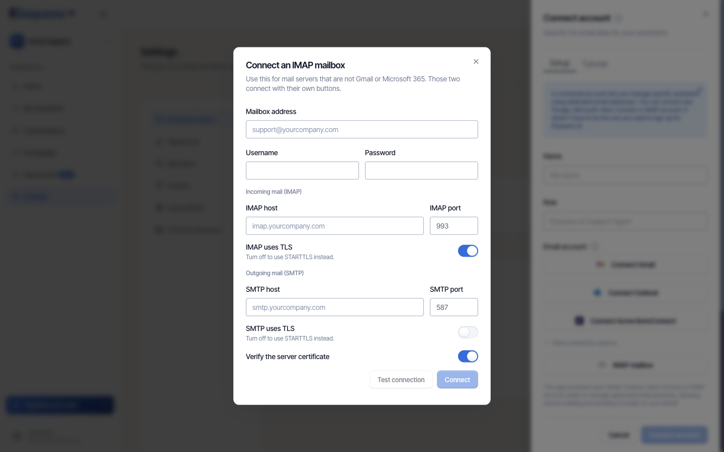 The Connect an IMAP mailbox dialog