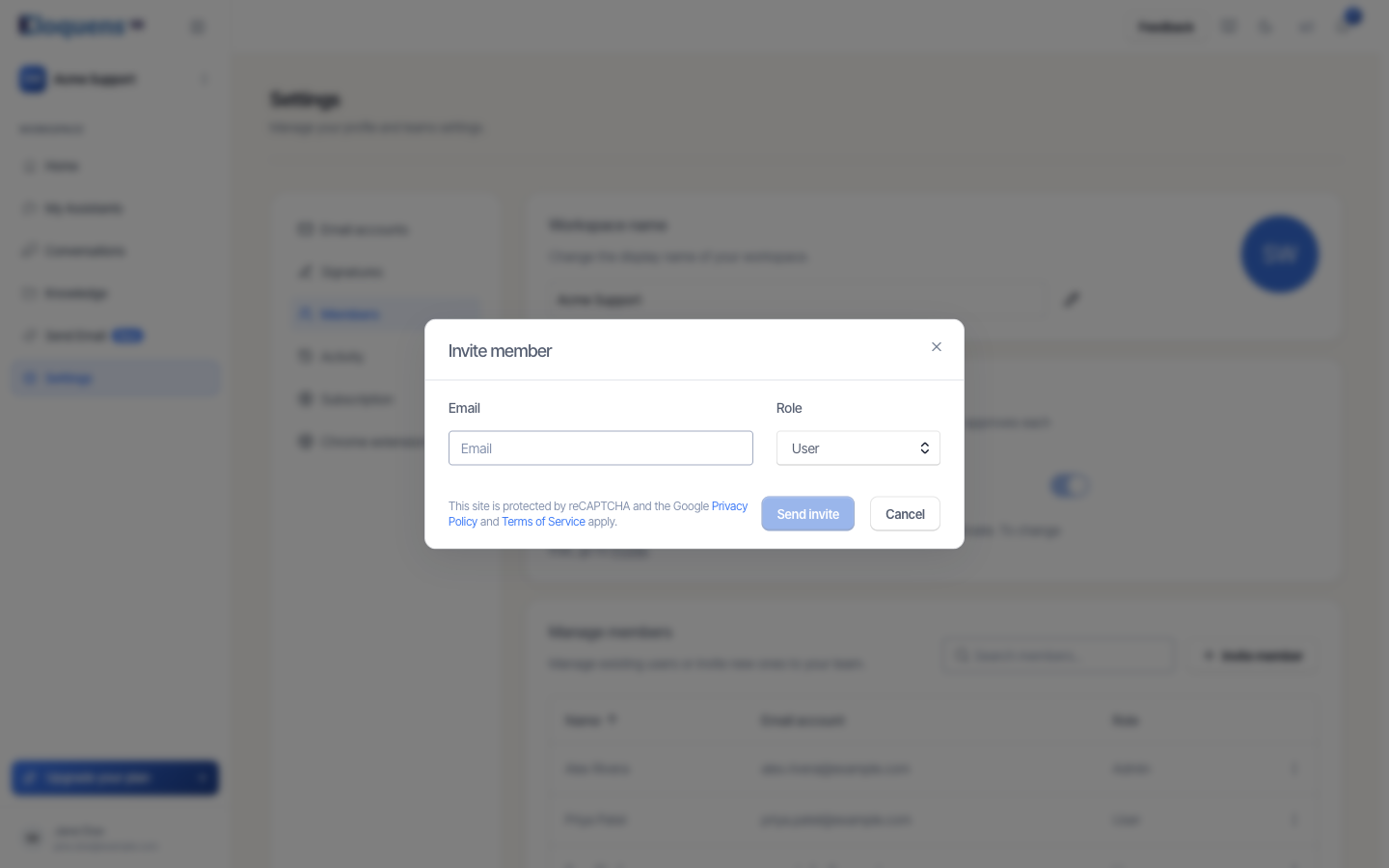The Invite member dialog with the Email and Role fields