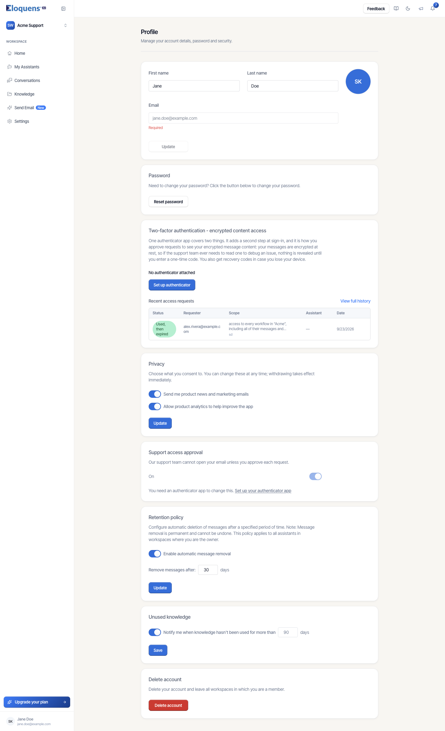 The Profile page with the Privacy, Support access approval, Retention policy and Delete account cards