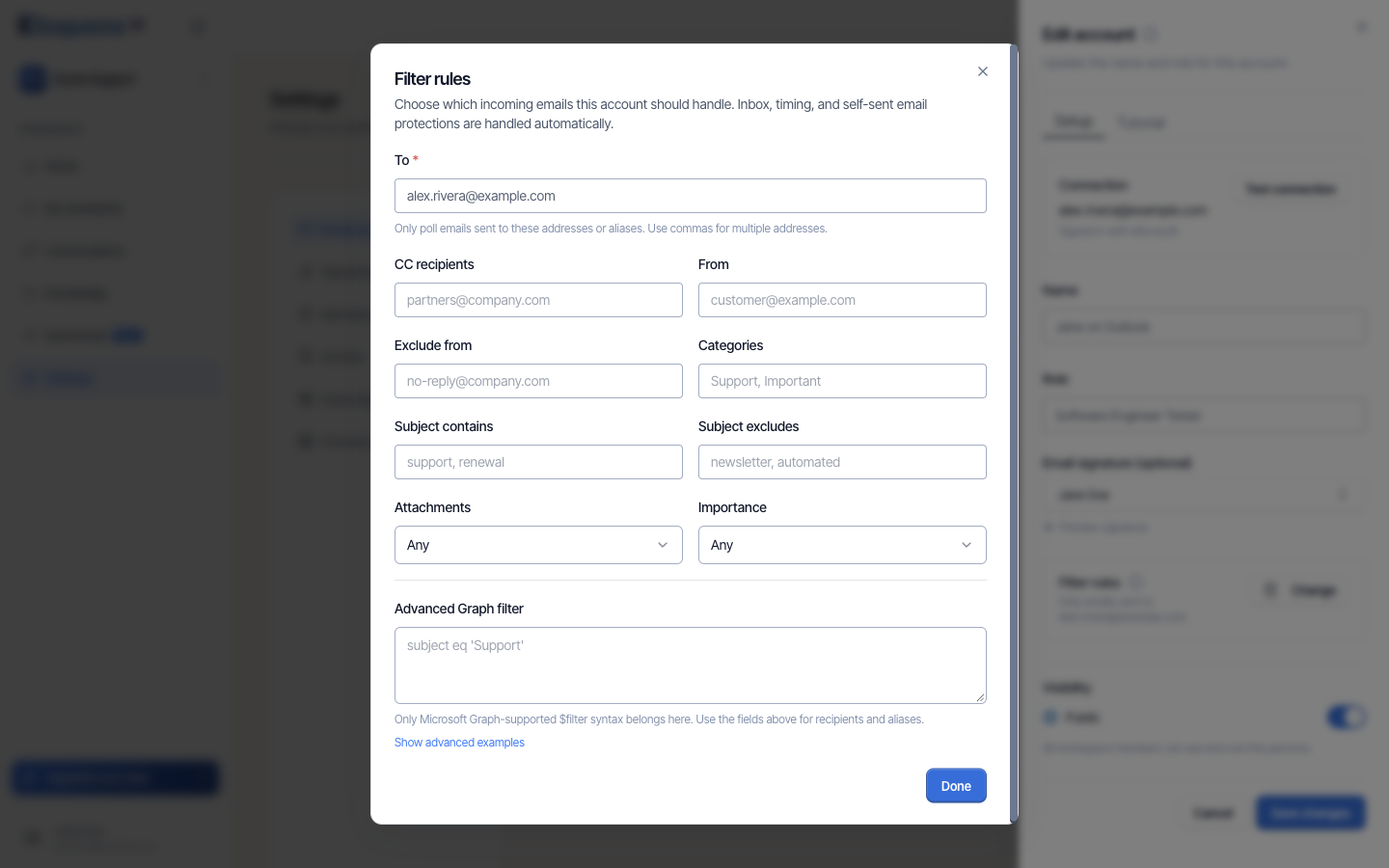 Filter rules dialog for an Outlook mailbox