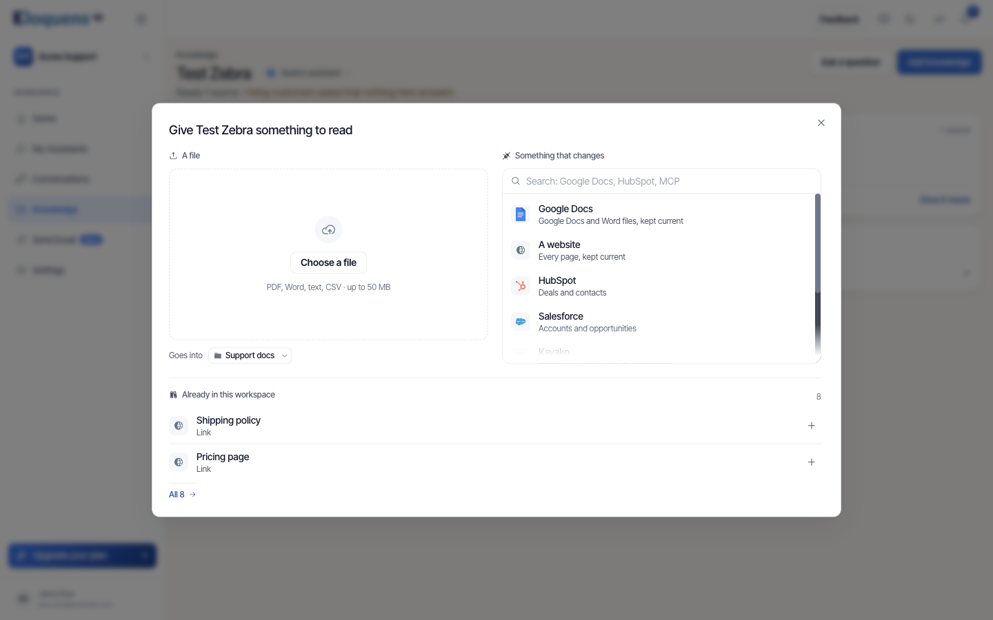 The Add knowledge dialog with the file zone, the Something that changes list and the Already in this workspace band