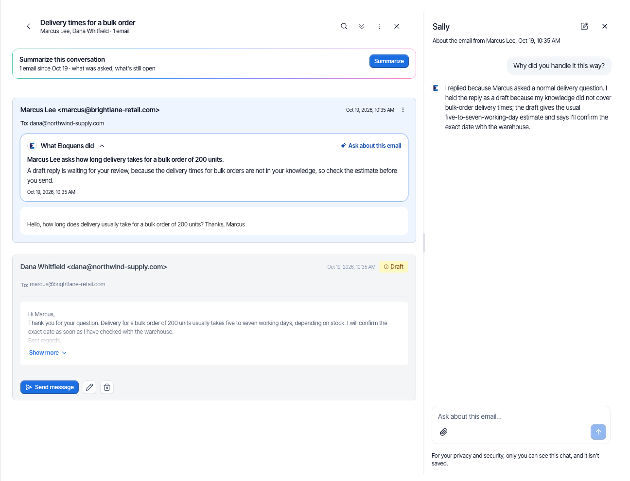 The Ask about this email panel beside a conversation, with a question and its answer