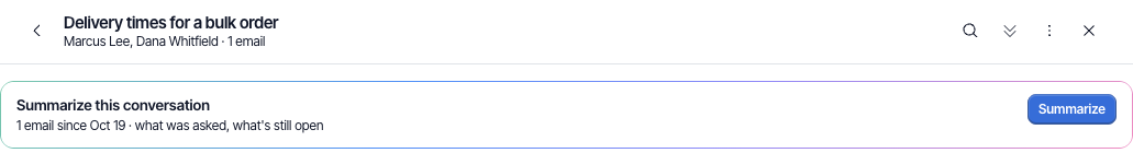 The Summarize this conversation card at the top of a thread, with the Summarize button