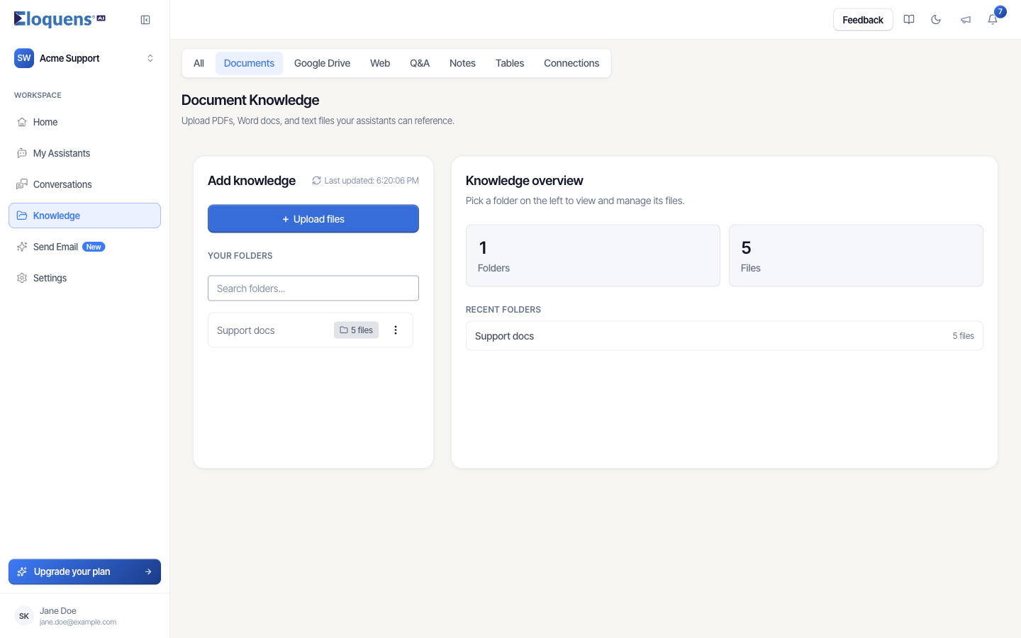 The Document Knowledge page with the folder list and the Knowledge overview