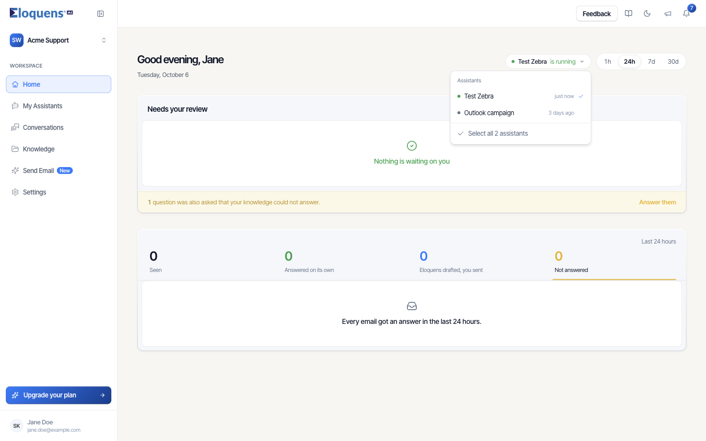The assistant selector open, with a health dot and last-checked time per assistant and Select all