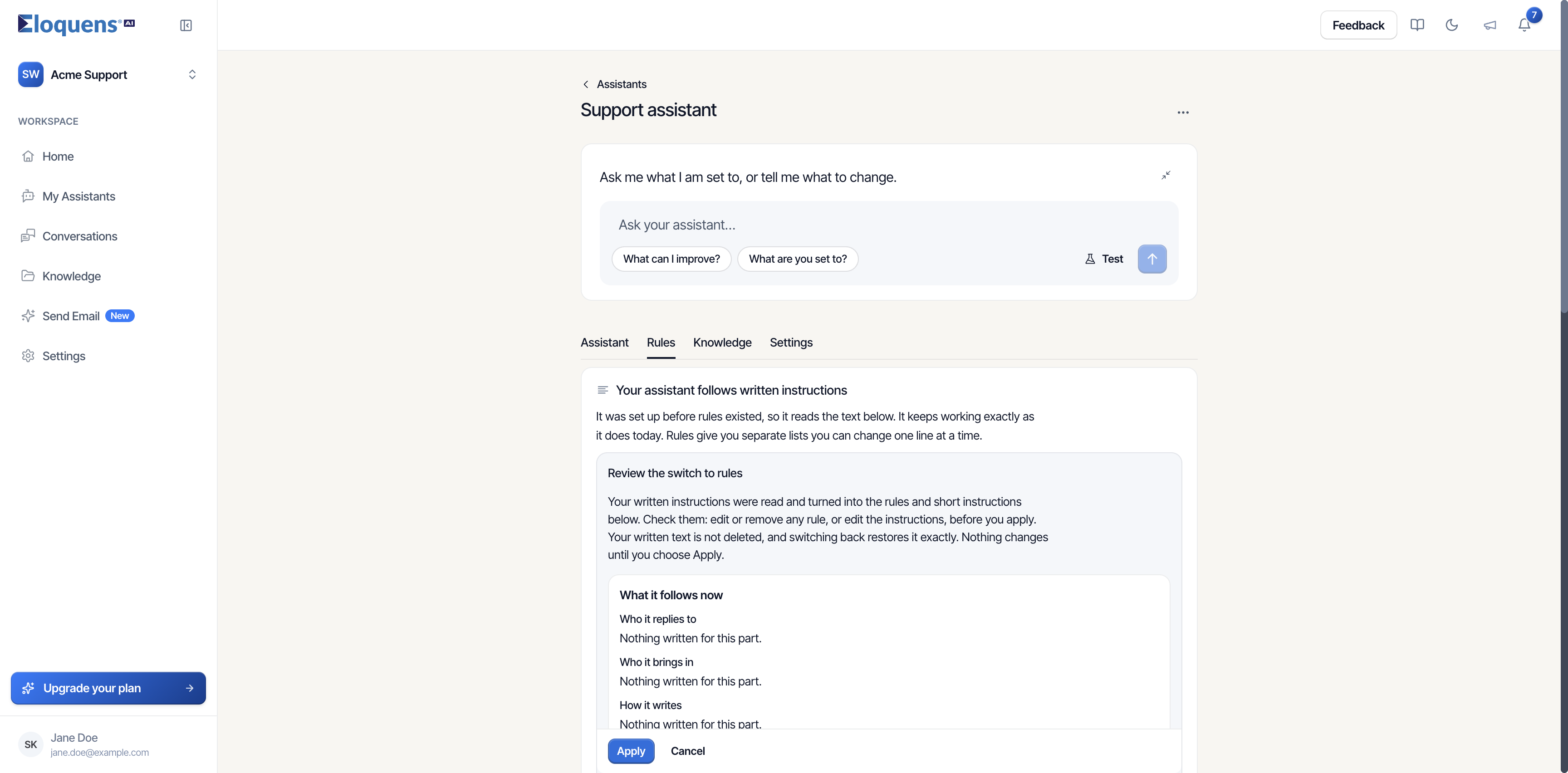 The Review the switch to rules panel, with What it follows now, What it will follow, and the Apply and Cancel buttons