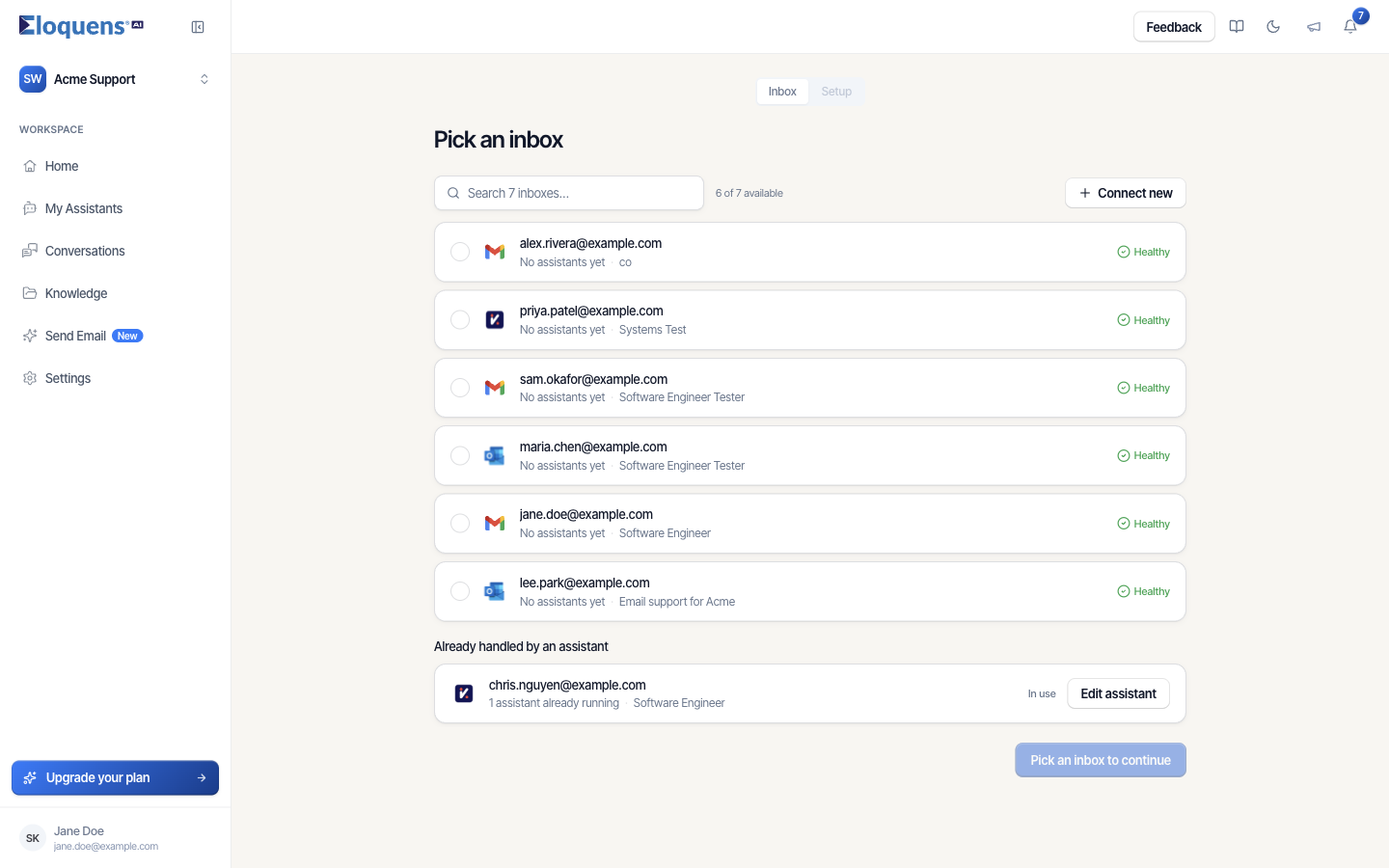The Pick an inbox step when creating an assistant
