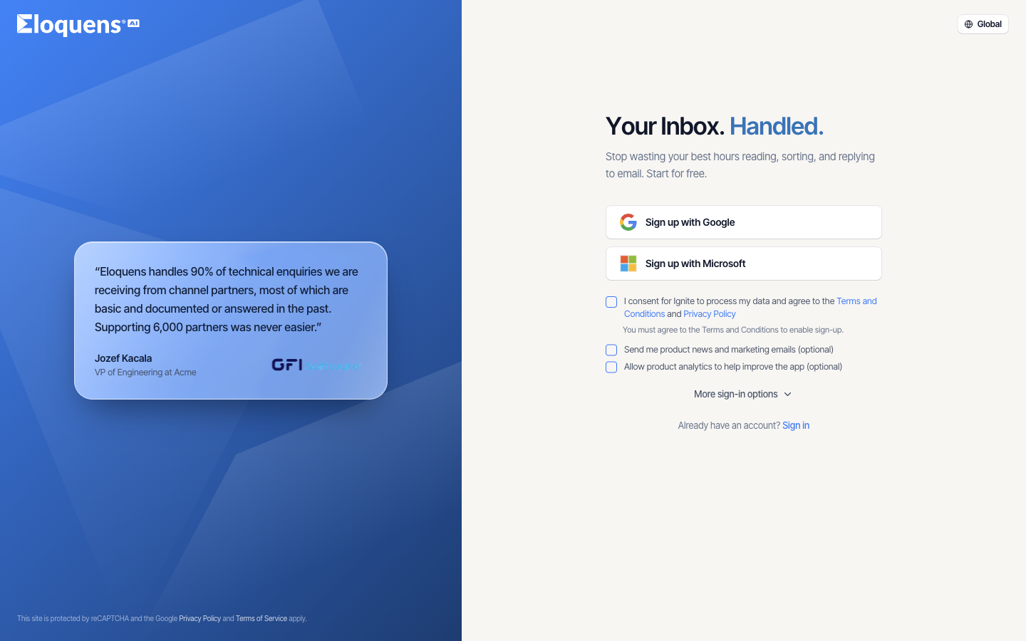 The sign-up page with the consent checkboxes