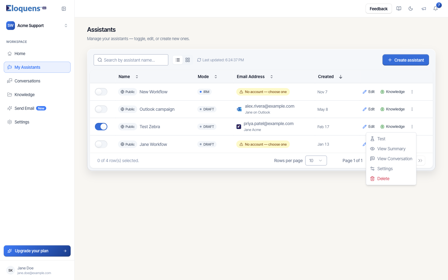 The row menu with Test, View Summary, View Conversation, Settings and Delete