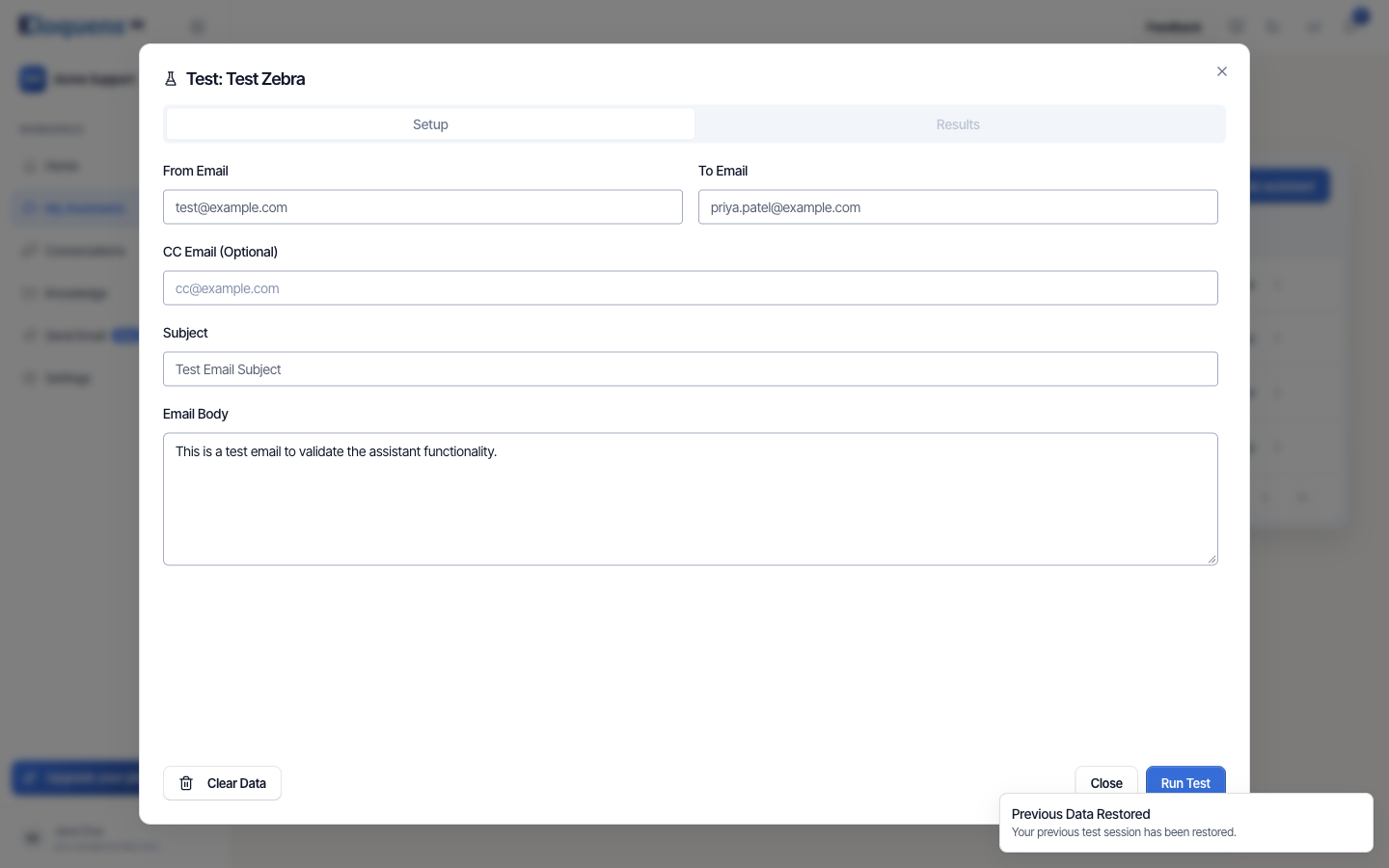 The test dialog on the Setup tab with From Email, To Email, CC Email (Optional), Subject, Email Body, Clear Data and Run Test