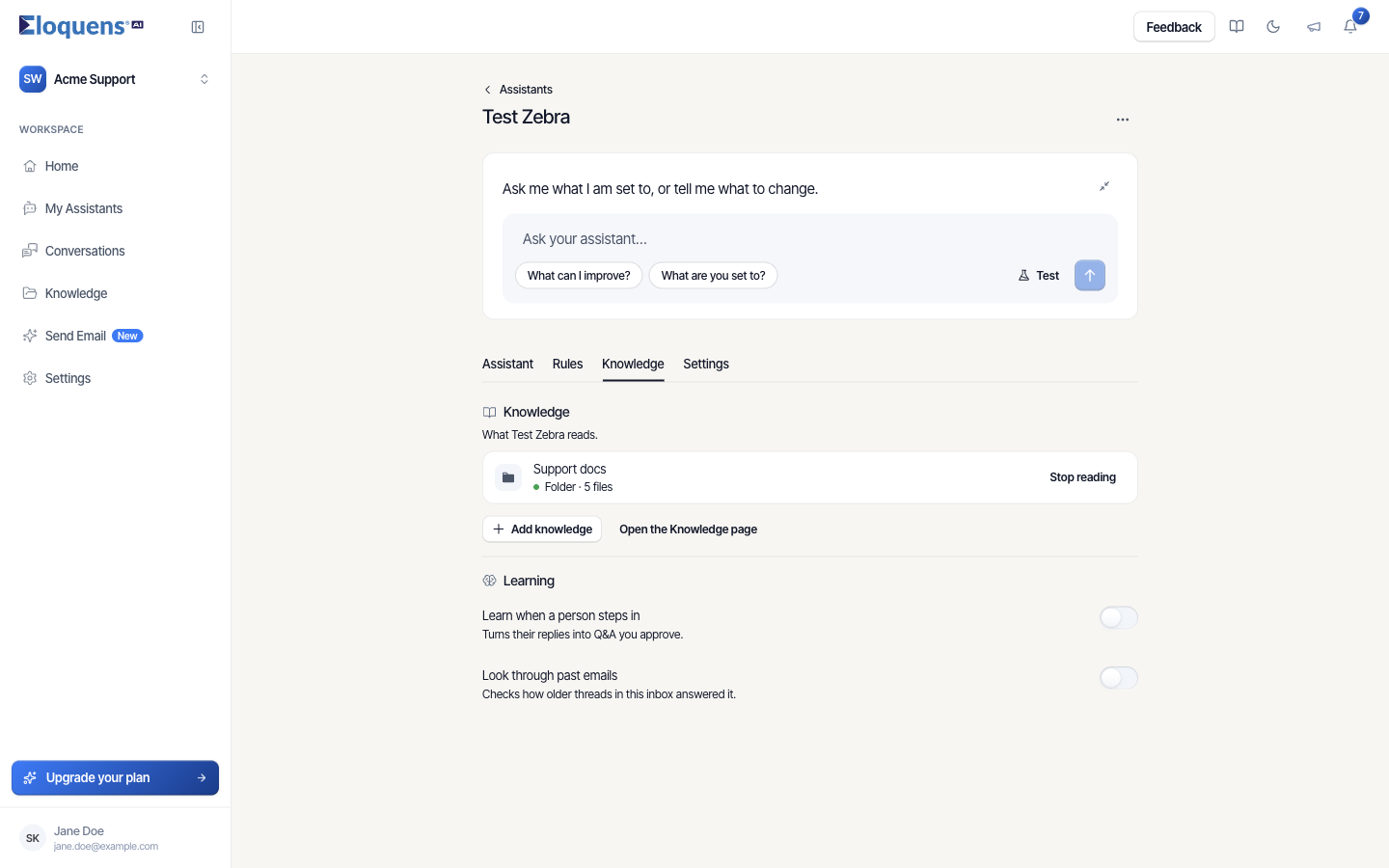 The Knowledge tab with one source, Add knowledge, and the Learning switches