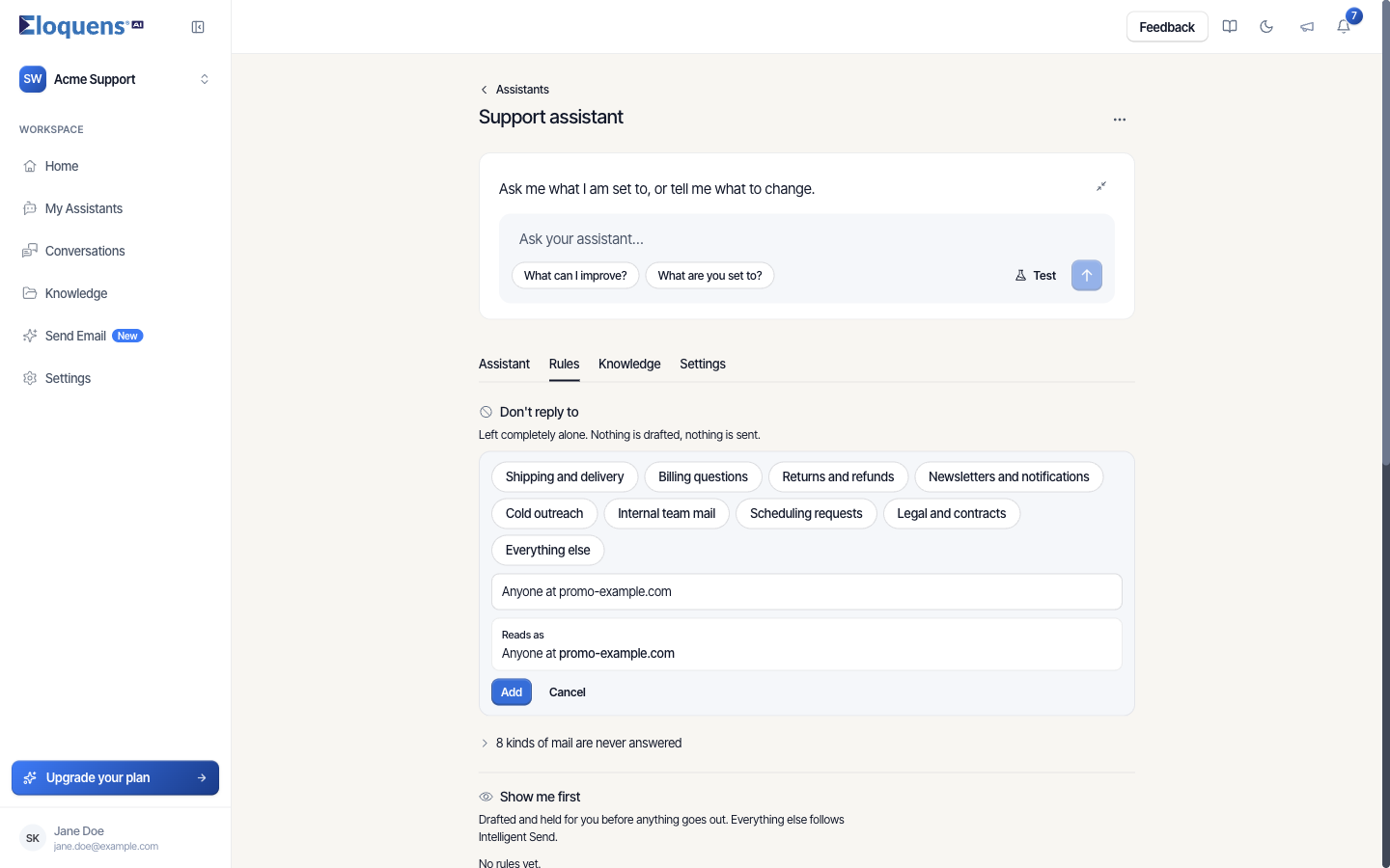 The Don't reply to composer with the kind-of-mail chips and the Describe the rule box
