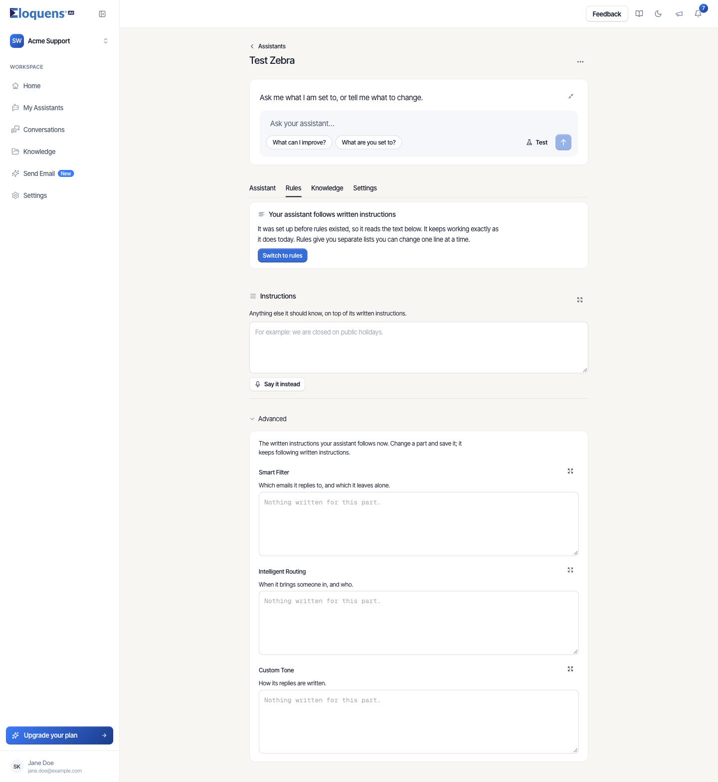 The assistant's Rules tab with the Instructions field