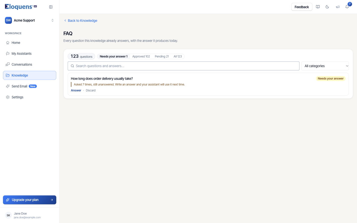 The FAQ page with the filter chips, the search box and a row that needs an answer