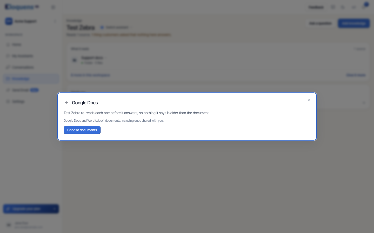 The Google Docs panel in the Add knowledge dialog with the Choose documents button