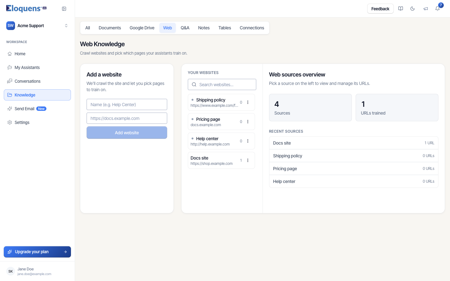 The Web Knowledge page with the Add a website form, the site list and the Web sources overview