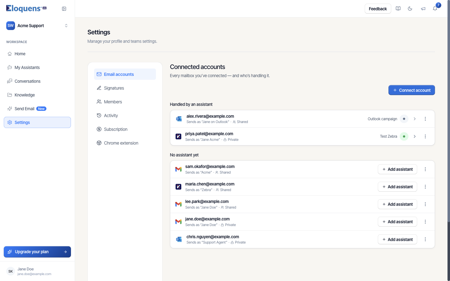 Settings with the Email accounts tab showing connected accounts
