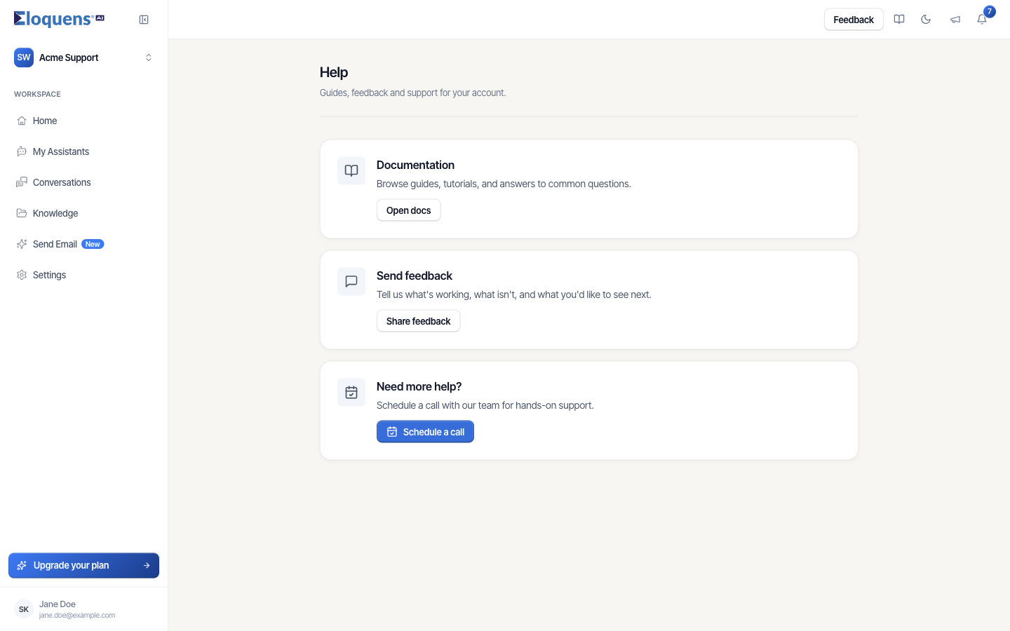 The Help page with the Documentation, Send feedback and Need more help cards