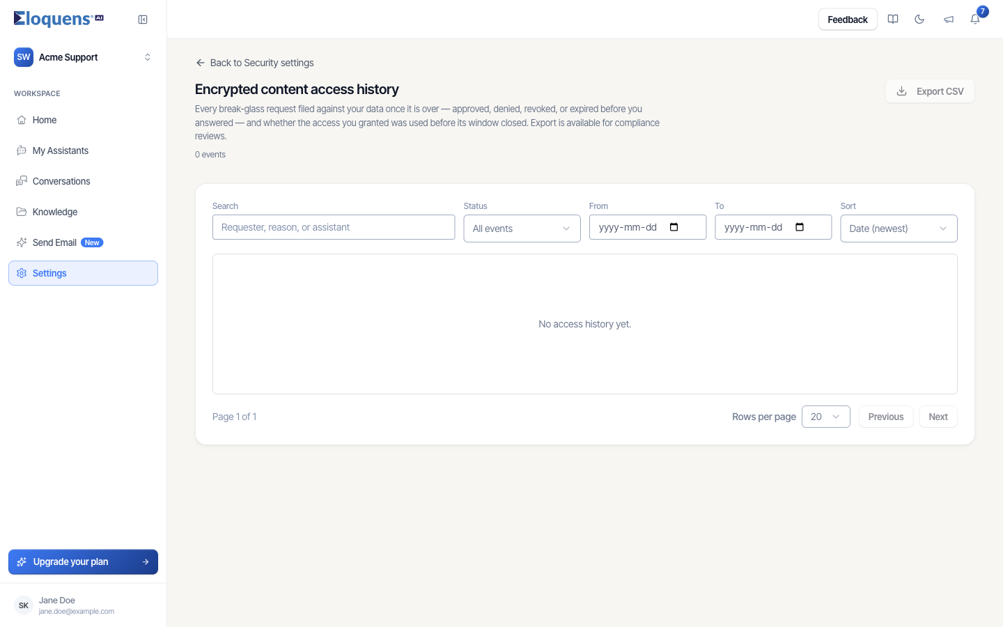 Encrypted content access history page