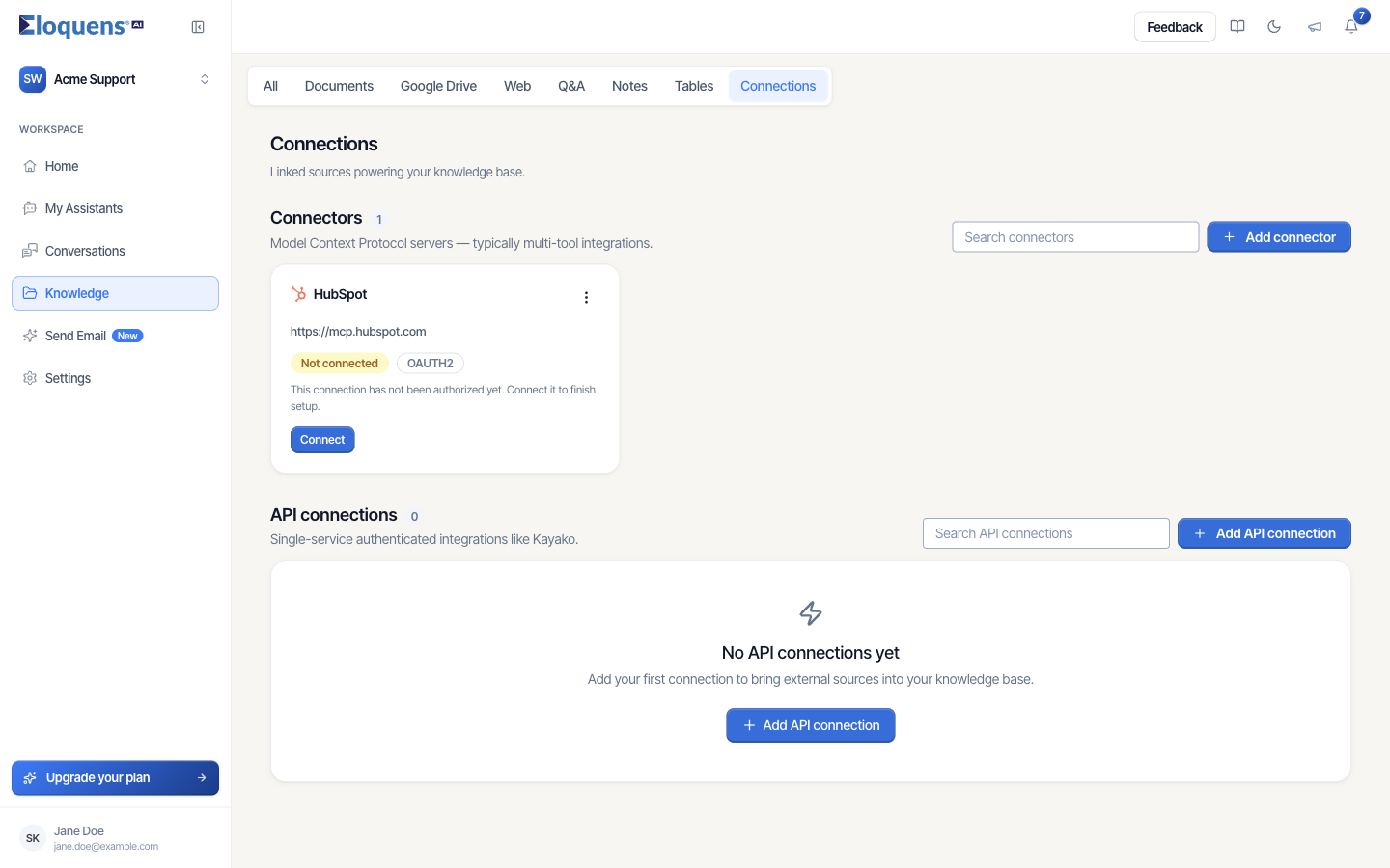 The Connections page with the Connectors and API connections sections
