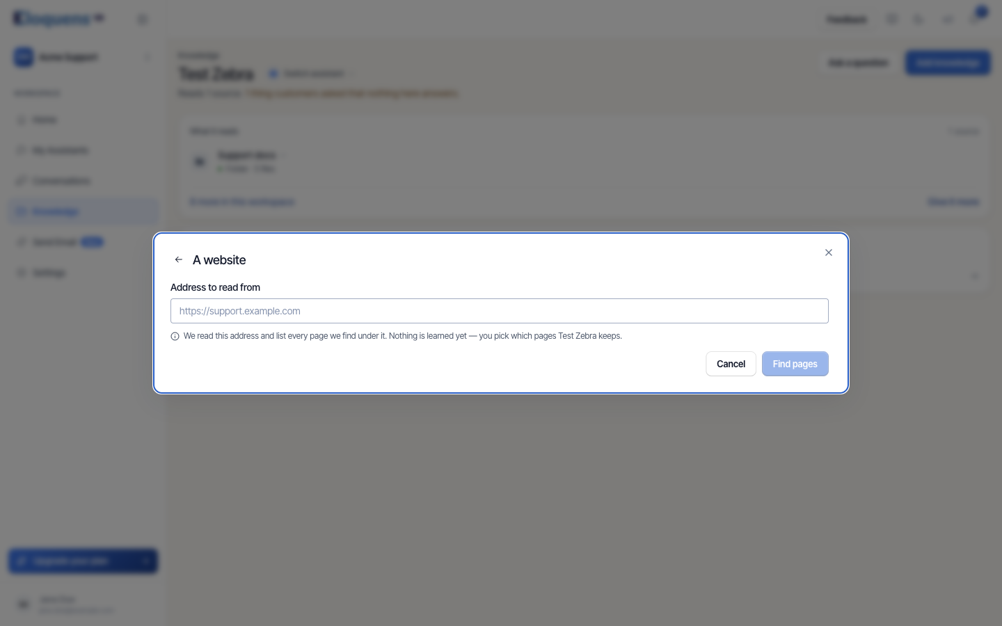 The A website panel with the Address to read from field and the Find pages button