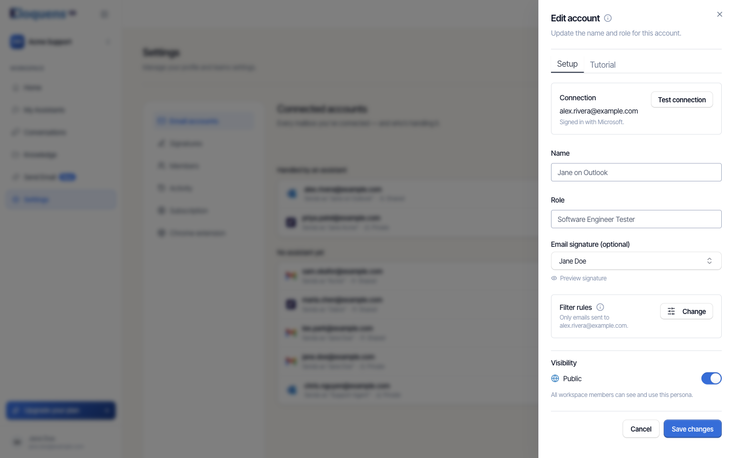 Edit account sheet with Name, Role, signature, filter rules and visibility