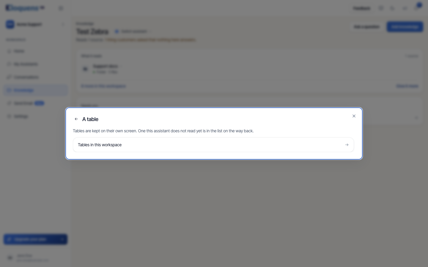 The A table panel in the Add knowledge dialog
