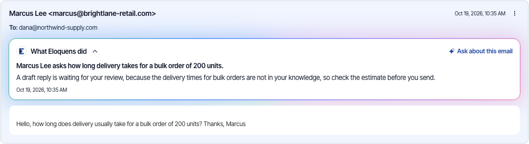 The What Eloquens did card under an email, with the explanation and the Ask about this email link