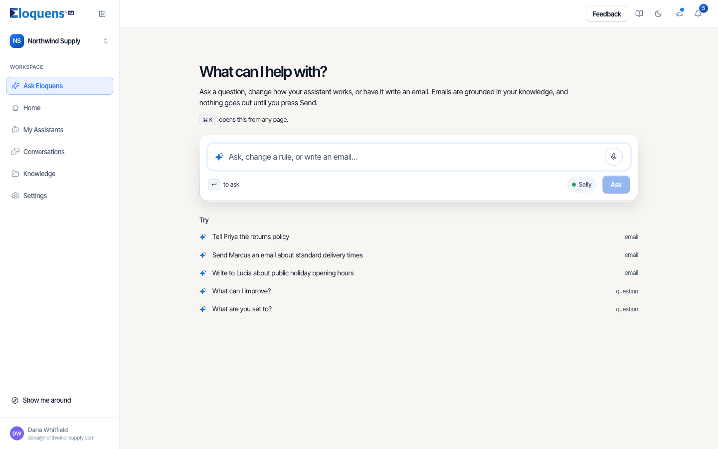 The Ask Eloquens page with the message box, the assistant picker and the Try list
